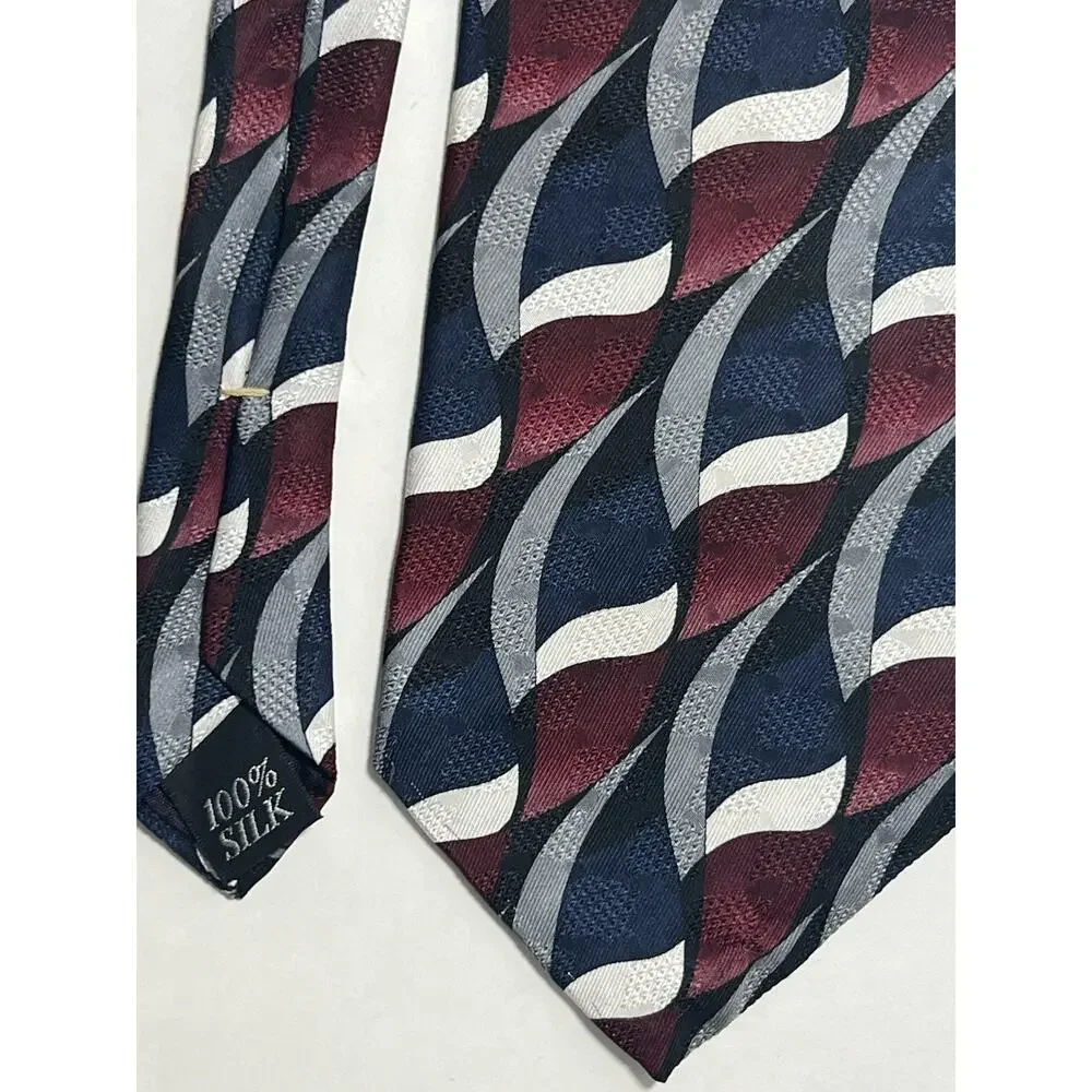 Oscar de la Renta Mens Silk Tie Navy Burgundy Silver White Abstract Wave Pattern